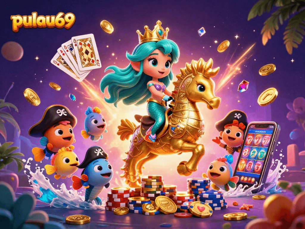 Experience the excitement of pulau69 with this vibrant mermaid and casino-themed illustration.