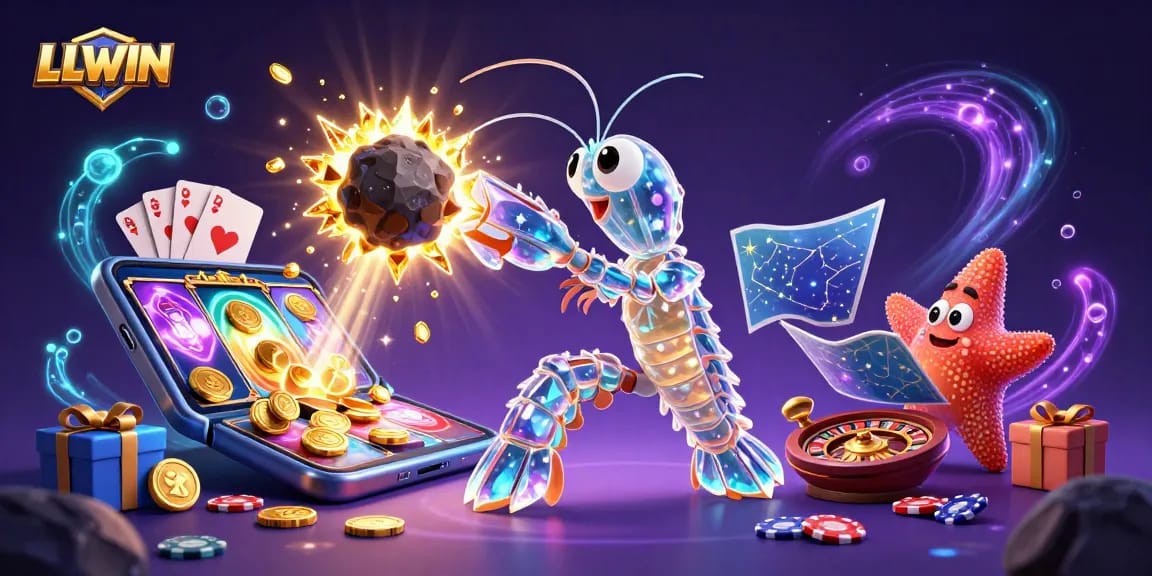 LLWIN engages players with a vibrant slot game scene featuring a galactic mantis shrimp and treasure elements.