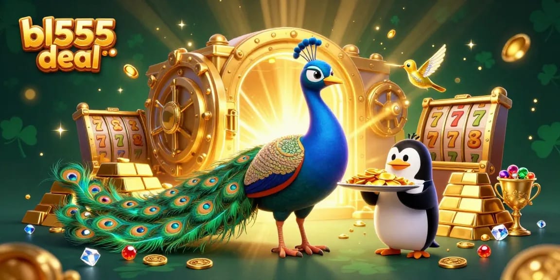 Win big with bl555 deal as a peacock displays jewels alongside golden chips in a vibrant casino scene.