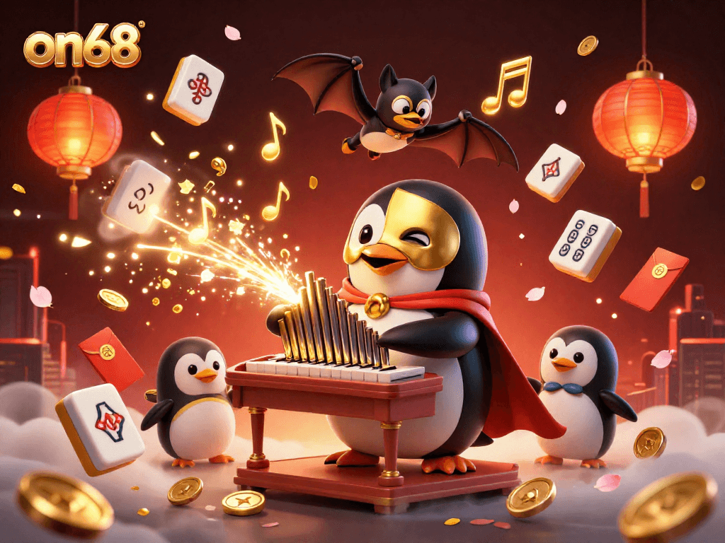 on68 showcases a vibrant casino fantasy scene with a penguin playing a golden organ amidst festive elements.