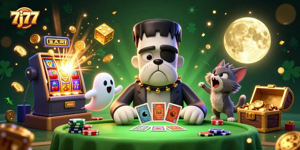 Engage in thrilling gameplay with 7j77 at a vibrant casino scene featuring dynamic characters and winning symbols.