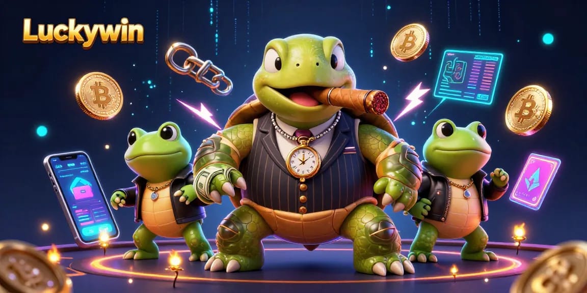 Experience exciting gaming adventures with Luckywin's vibrant casino illustration featuring lively characters and crypto elements.