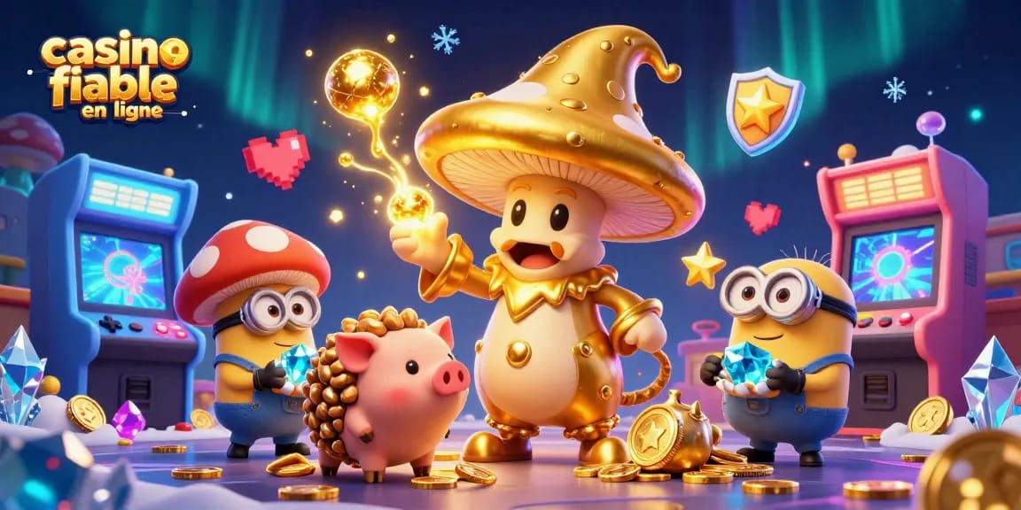 Profitez des jeux dans un casino fiable en ligne, illustrés avec des personnages de champignon magiques.
