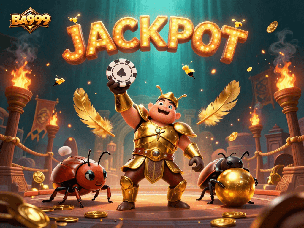 BA999 features a victorious beetle character amidst a vibrant casino-themed scene rich with elements like poker chips and golden coins.
