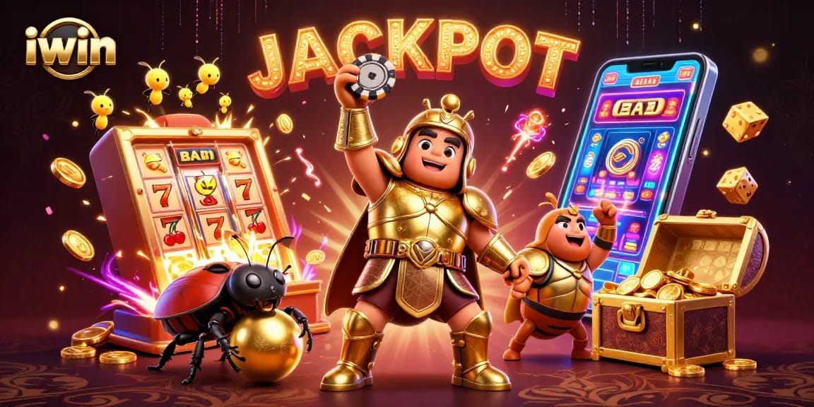 Experience the thrill of iwin with a victorious beetle displaying a poker chip amidst explosive jackpot elements.