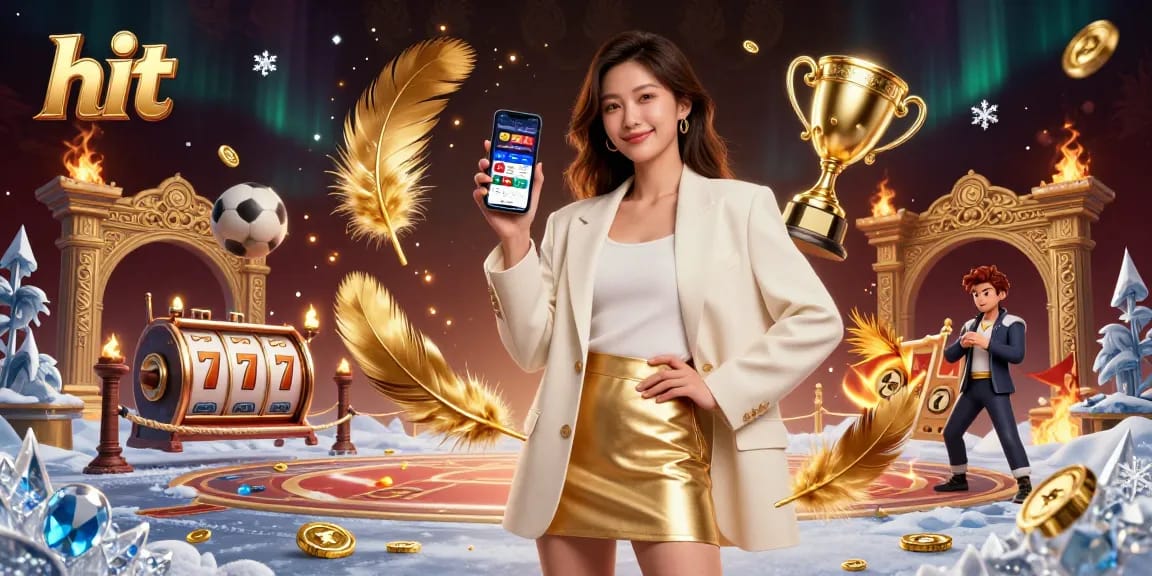 Engage in thrilling gameplay at hit with a woman showcasing a sports betting app amid casino elements.