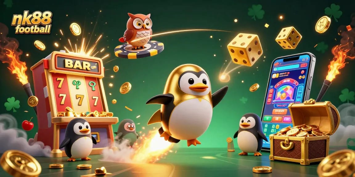 Win big at nk88 football with exciting casino adventures featuring a golden penguin and jackpot excitement.