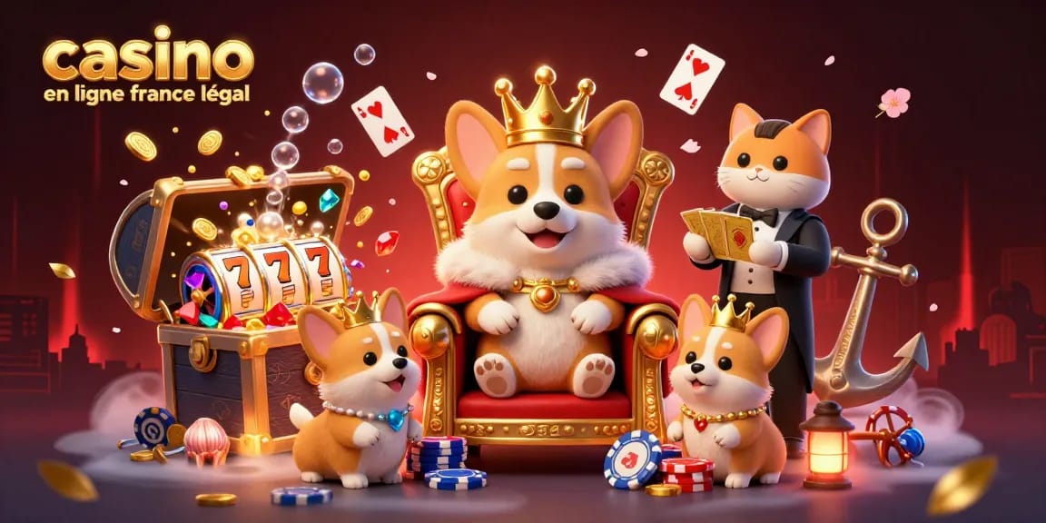 Une scène animée représentant un corgi royal et un majordome félin au milieu d'un casino en ligne France légale.