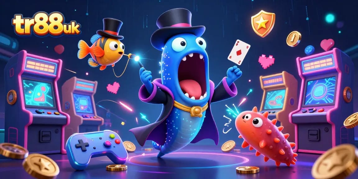 A vibrant 3D scene of a bioluminescent gulper eel performing magic tricks in a casino themed environment, showcasing tr88 uk gaming elements.