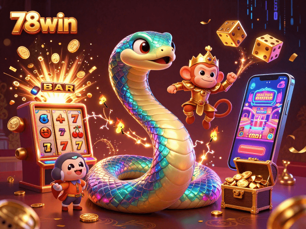Experience thrilling wins with 78win at a vibrant slot machine jackpot scene, featuring dynamic gaming elements.