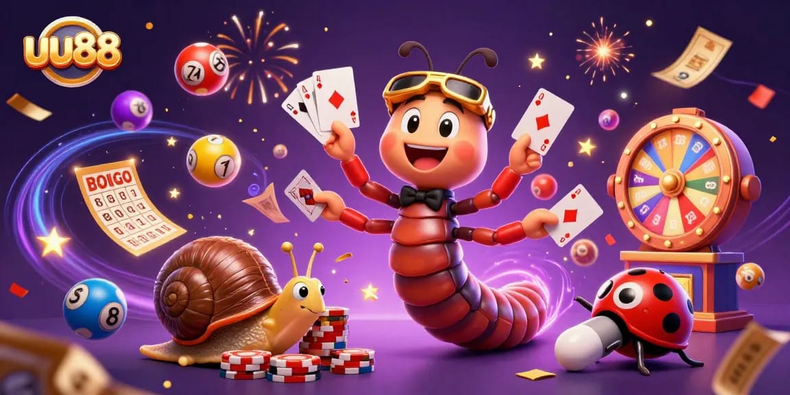 Join the excitement at uu88 with a 3D illustration of a whimsical casino scene featuring engaging characters and vibrant game elements.