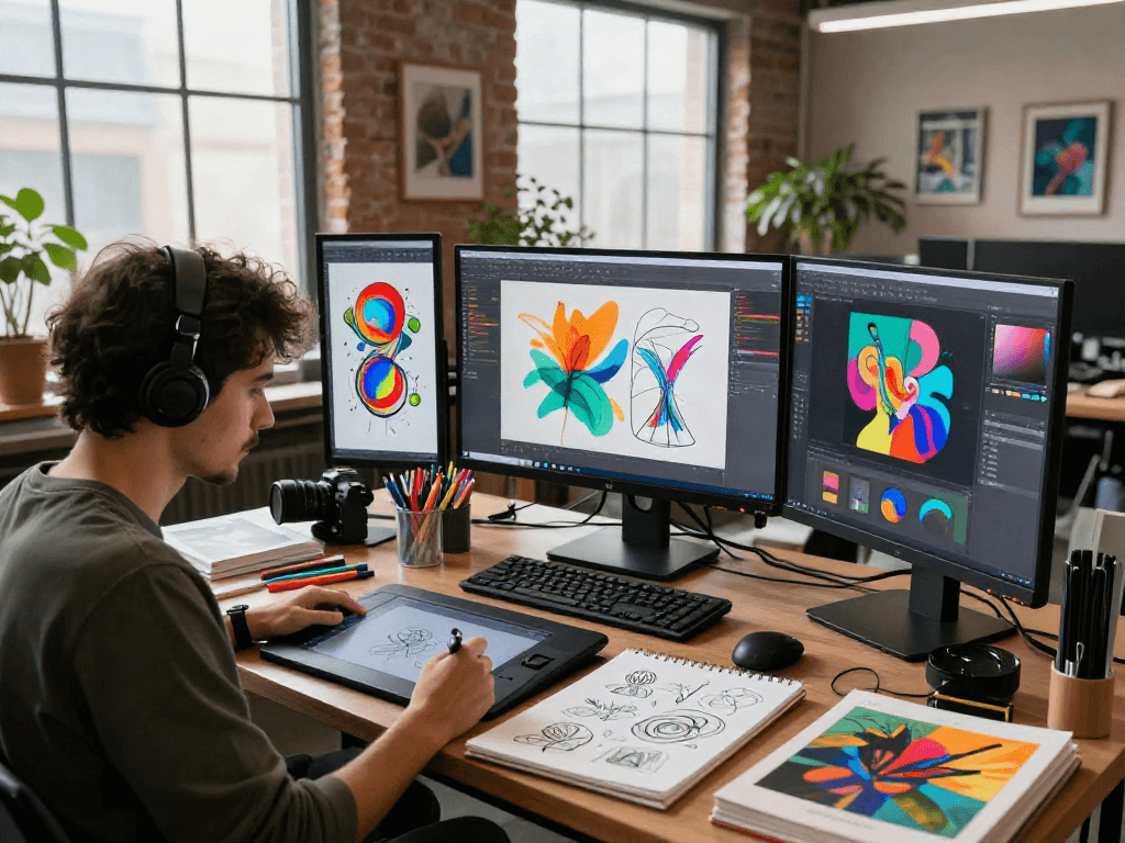 Artist exploring nsfw ai in vibrant digital art studio with creative tools and monitors.