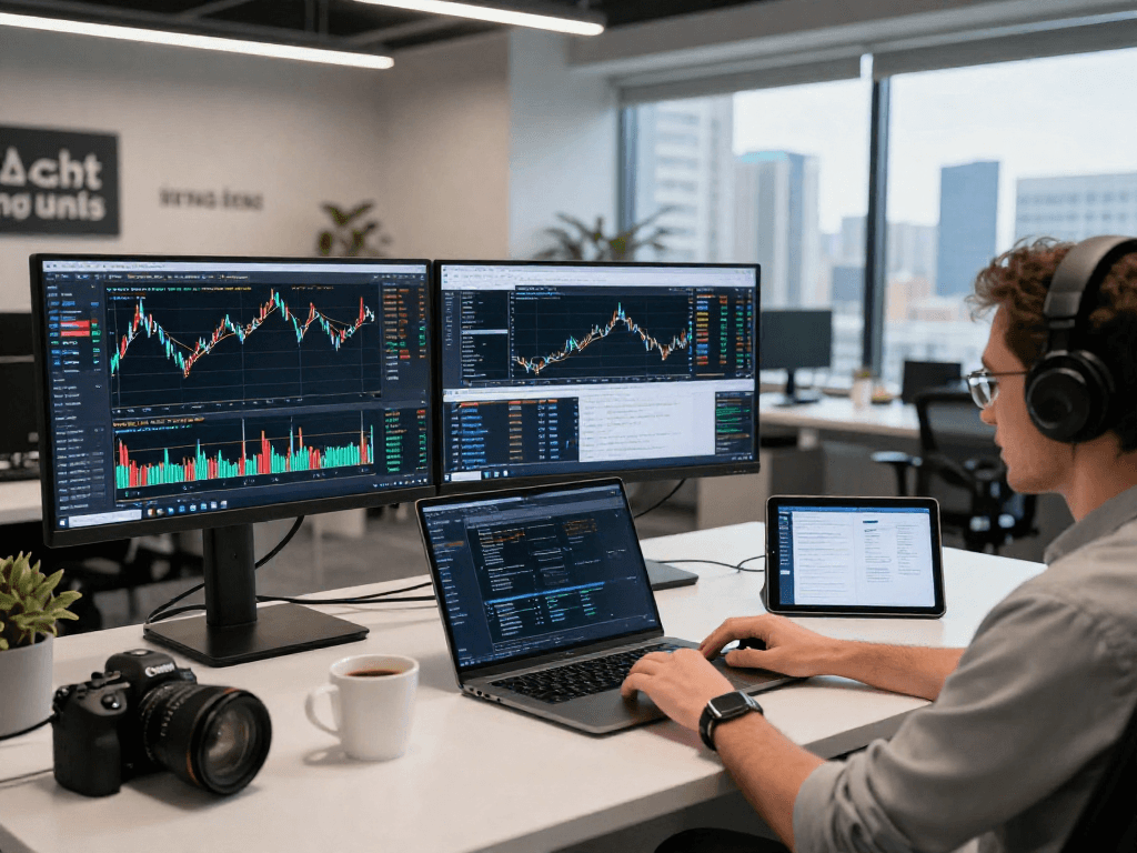 查看TradingView官网上的趋势分析工具，交易者在现代办公环境中专注于多个市场图表