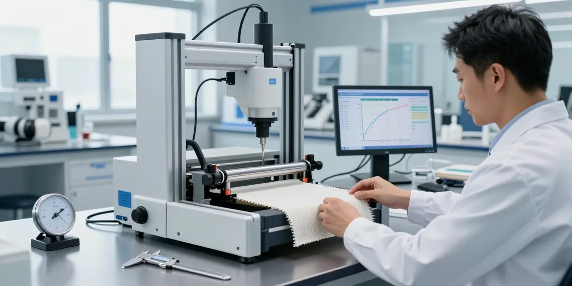 ChiuVention's SmartPull Fabric Tensile Tester in a high-tech laboratory setting, demonstrating precise textile testing.