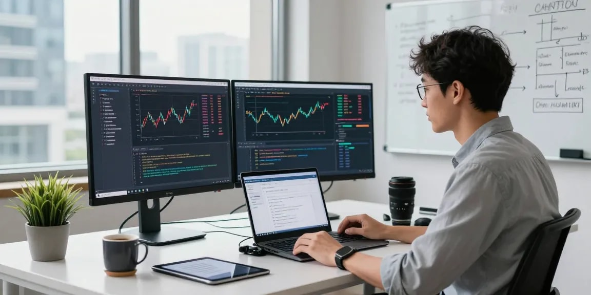 Developer using index WebSocket streaming API in modern office, with dual monitors showing market data and innovative coding.