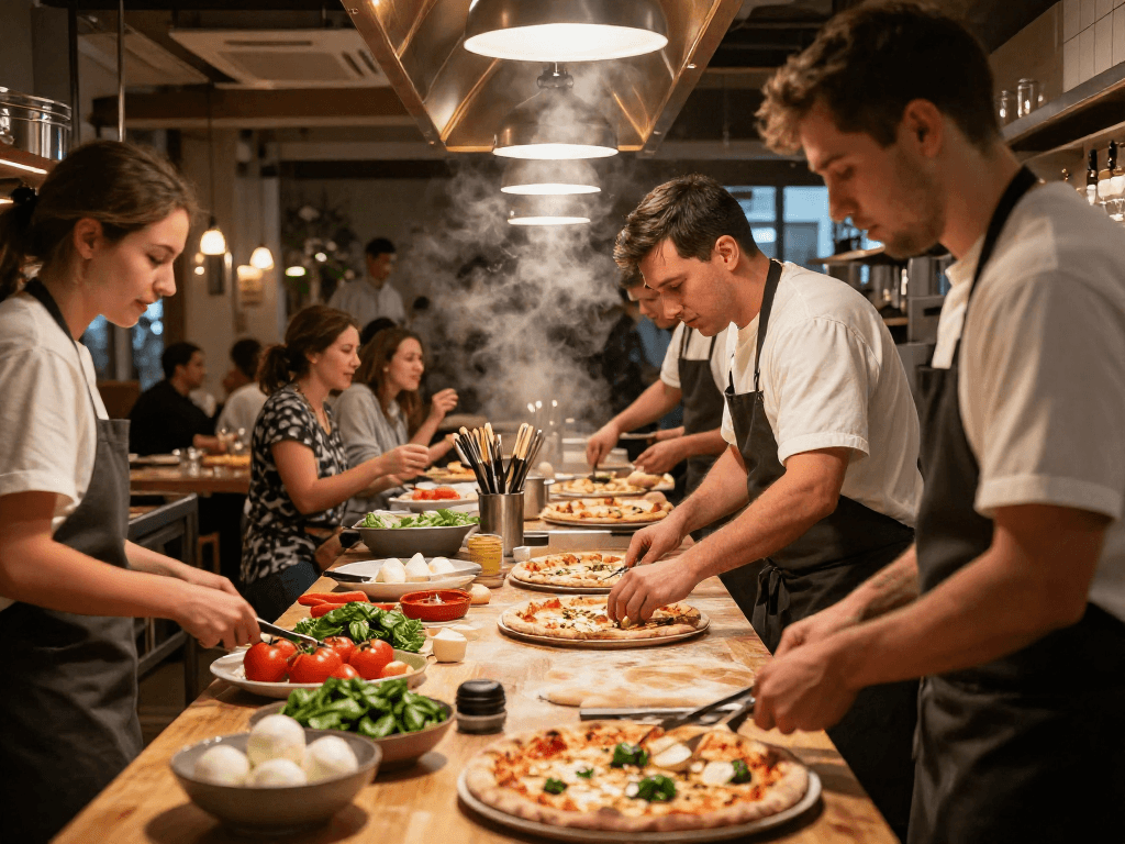 Bonus new member promotion displayed in lively pizza kitchen atmosphere, showcasing fresh ingredients and happy diners.