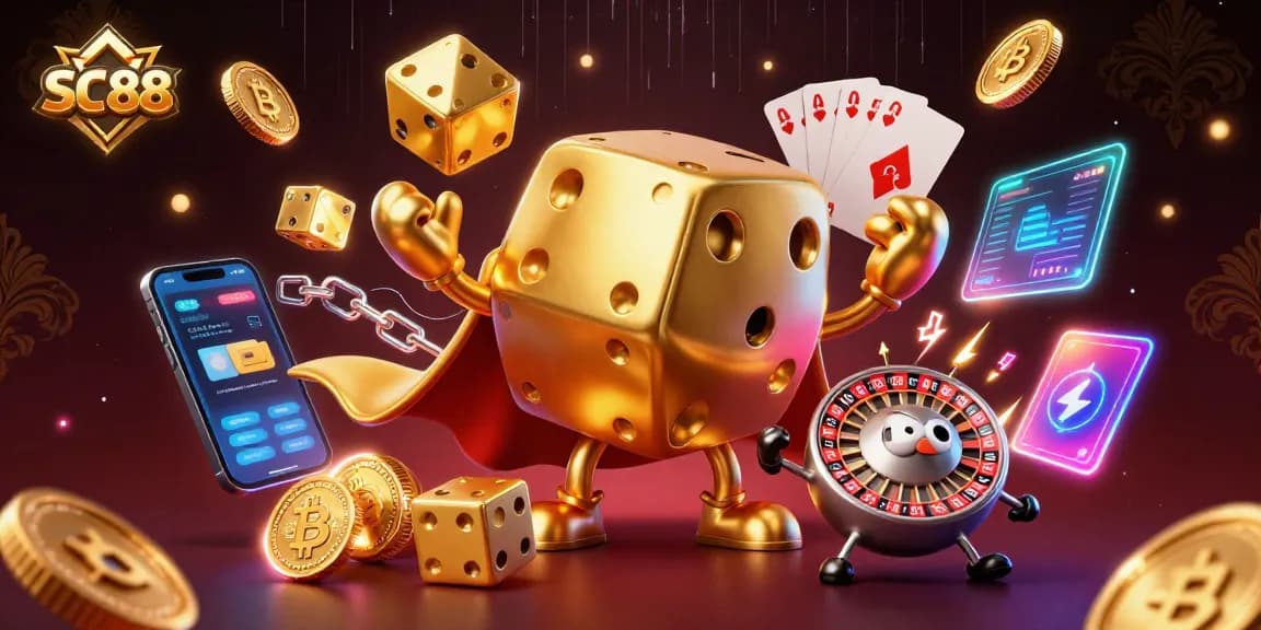 Win big at SC88 with interactive golden dice golem juggling vibrant casino elements.