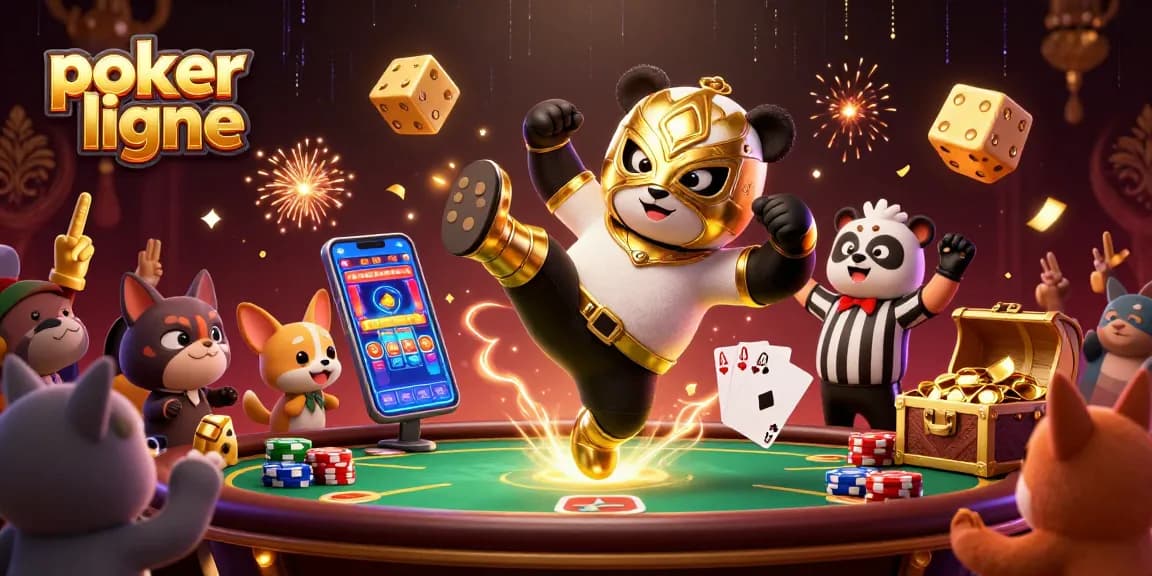 Venez parier sur le poker en ligne avec l'illustration dynamique d'un panda, un chihuahua et des jetons de poker emballants.