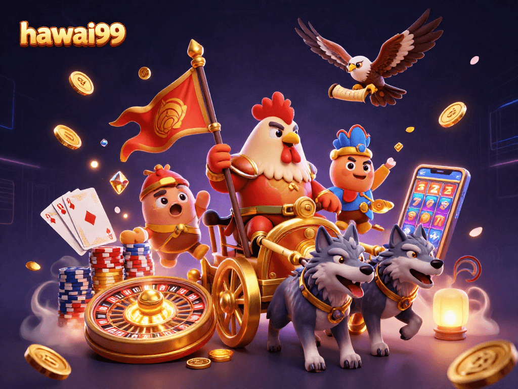 Join hawai99's thrilling gameplay with a vibrant 3D illustration featuring a rooster warlord and golden treasures.