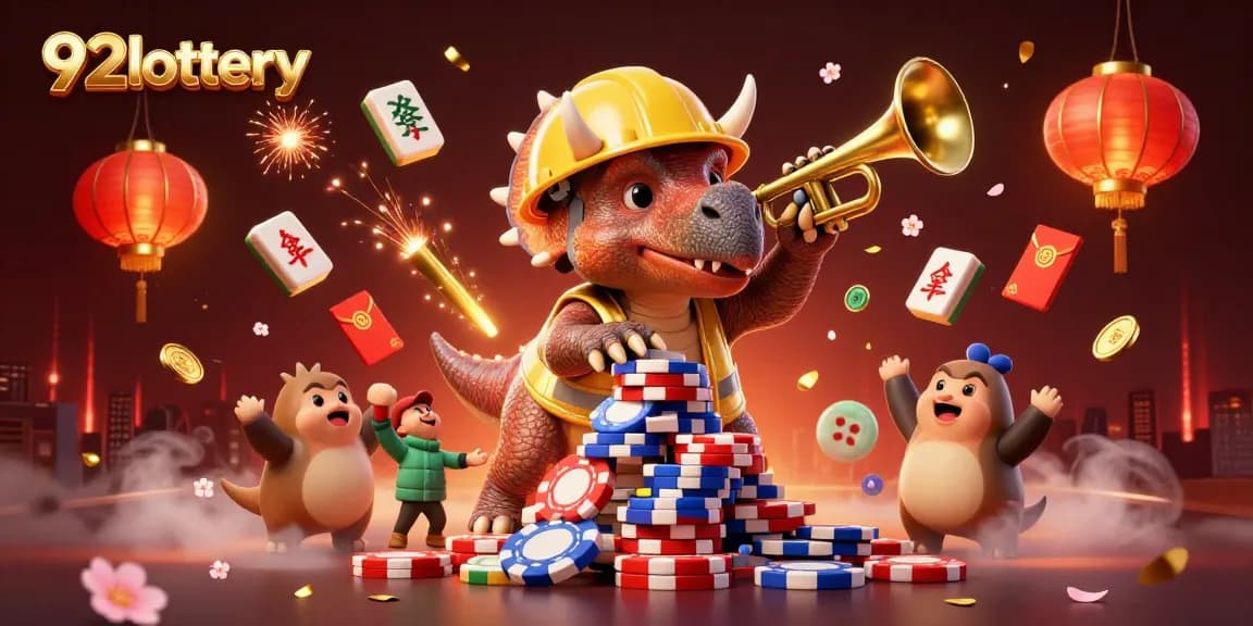 92lottery offers a vibrant celebration with poker chips and joyful characters in a lively casino setting.