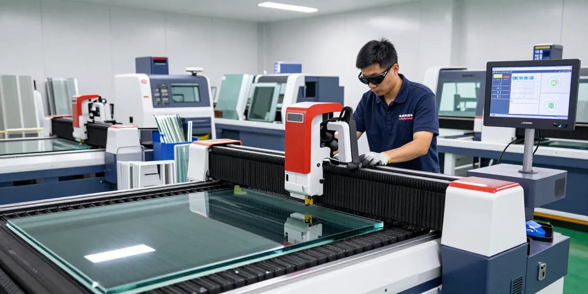 Technician operating a glass cutting machine in a modern processing facility.