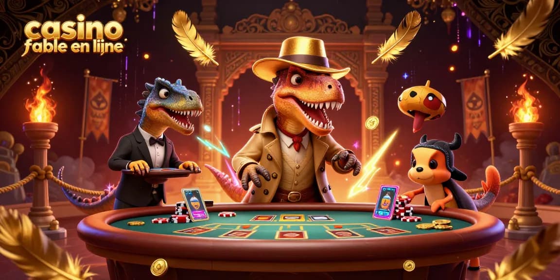 Illustration de casino fiable en ligne avec un velociraptor jouant au blackjack, un pit boss stégosaure et un compy voleur.