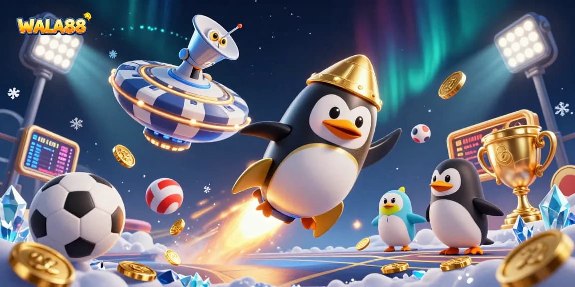Experience the excitement of WALA88 with a golden penguin and sports elements in a vibrant casino illustration.