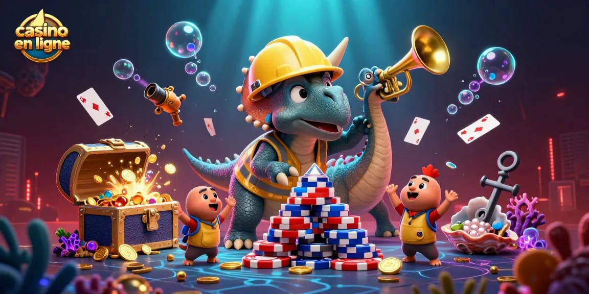 Casino en ligne célèbre avec un triceratops et des éléments festifs sous-marins.