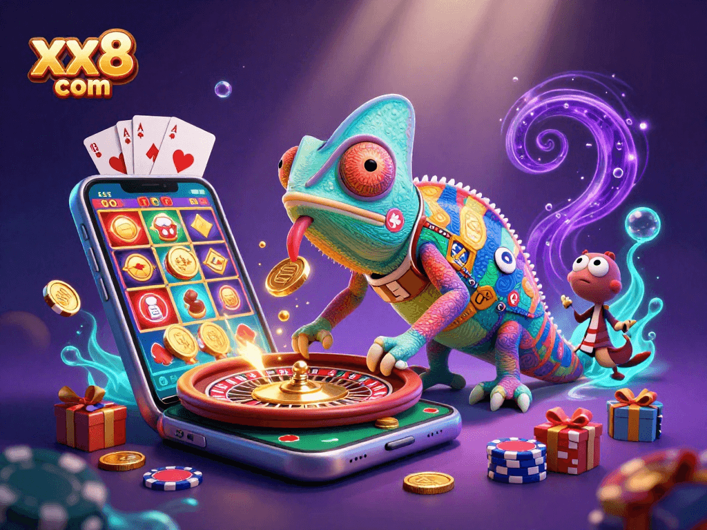 Experience thrilling moments at xx8 com with a lively 3D chameleon casino scene.