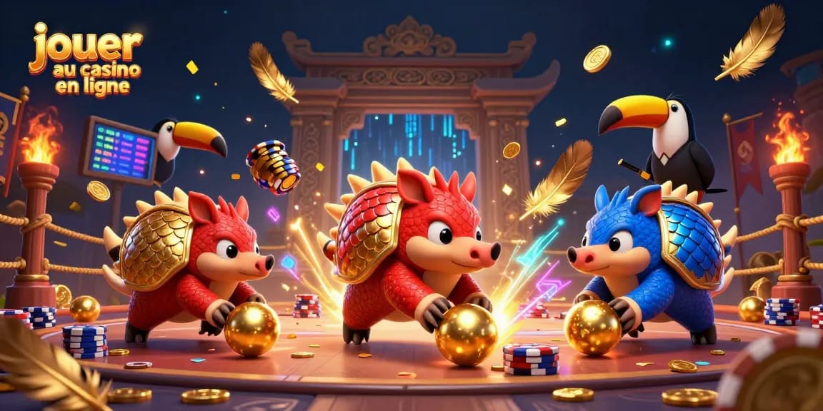 Jouer au casino en ligne avec une scène dynamique de pangolins en compétition au sein d'une ambiance festive.