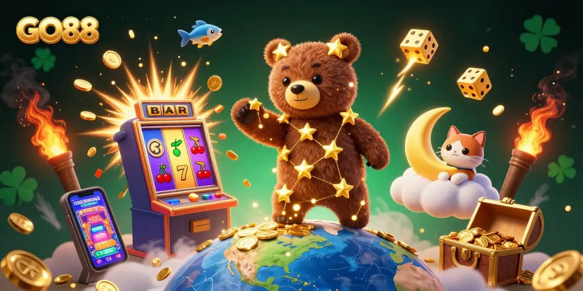 Engage with the GO88 3D casino scene full of vibrant characters, slot machines, and dynamic gameplay.