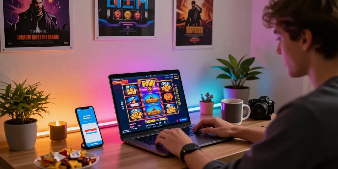 Enjoying a vibrant gaming session with lavowin login on a laptop in a cozy home office.