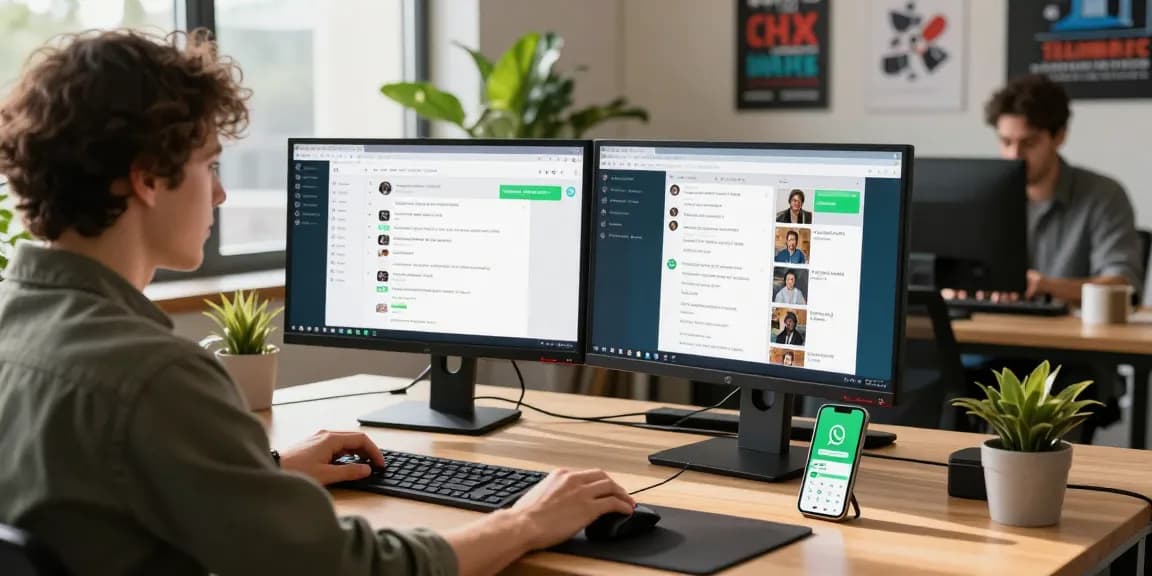 Effortless communication on WhatsApp網頁版 at a modern workspace with vibrant displays and collaborative atmosphere.