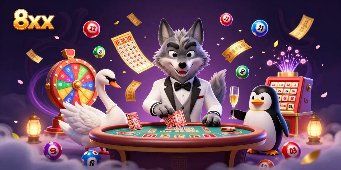 Experience winning moments at 8xx casino with dynamic lottery elements and vibrant characters in action.