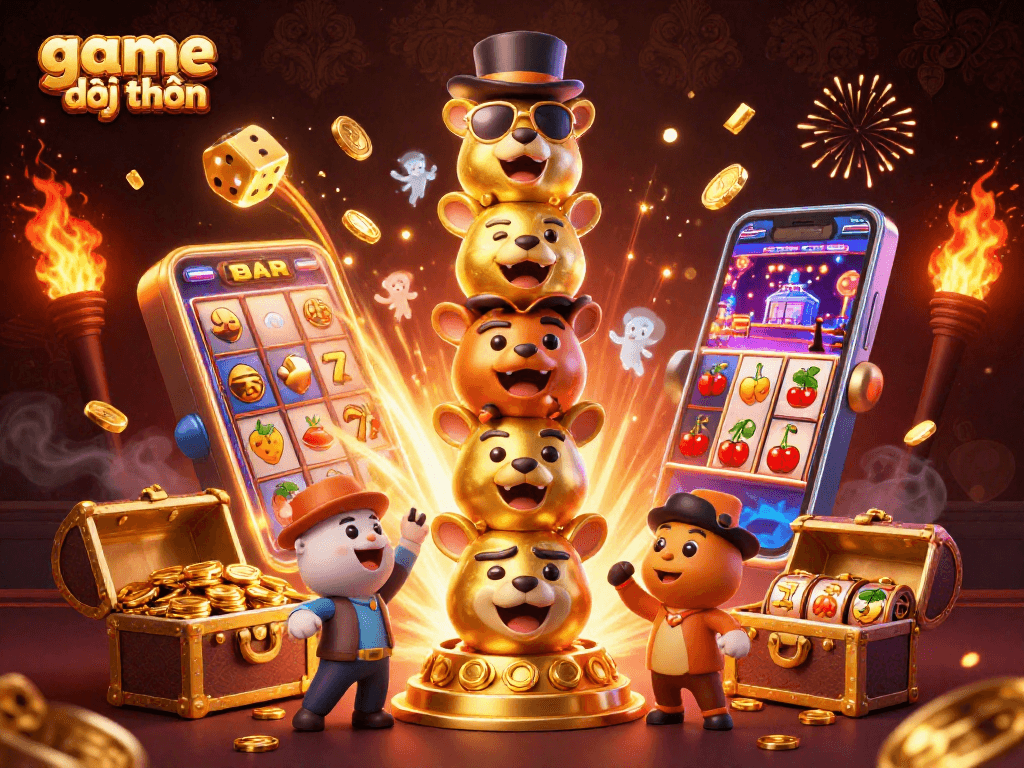 Experience the excitement of game đổi thưởng with a lively 3D casino scene bursting with vibrant elements.