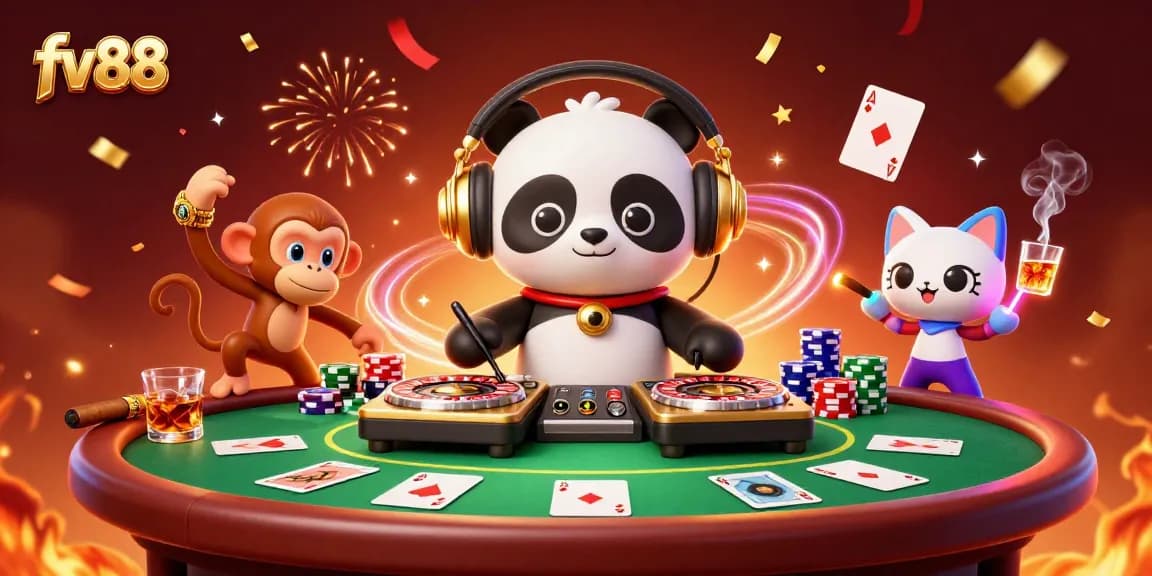 Bettors enjoy action-packed fun with FV88 in an ultra-detailed 3D casino party scene.