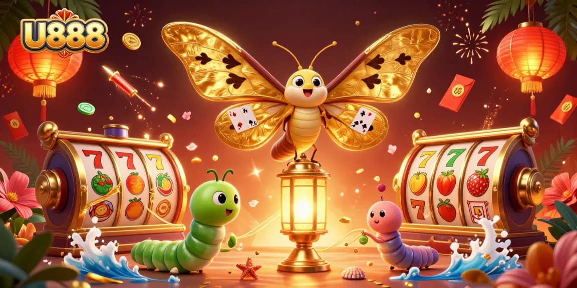 Experience U888's vibrant casino atmosphere featuring a majestic moth and slots.