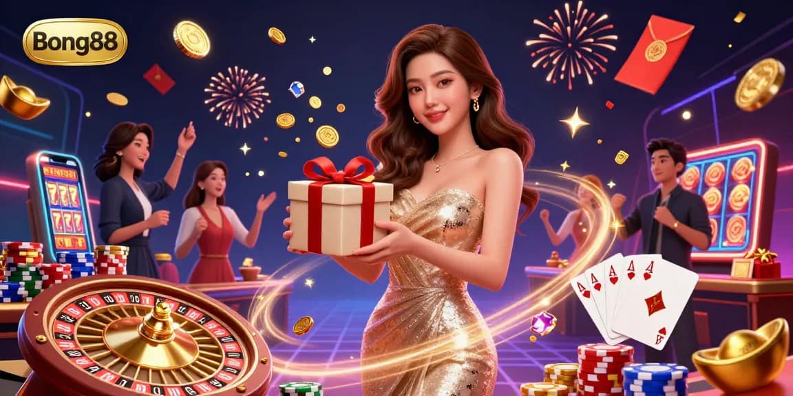 Bong88 invites players with a festive casino scene featuring a glamorous woman, golden coins, and colorful gaming elements.