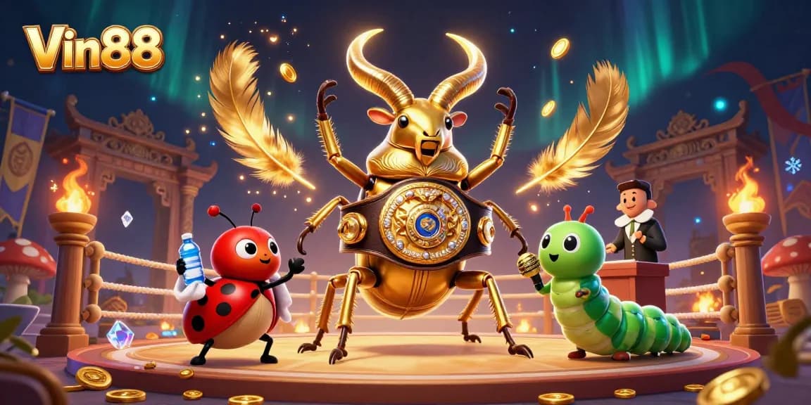 Win big with Vin88 in a vibrant casino showdown illustration featuring an epic beetle boxing match.