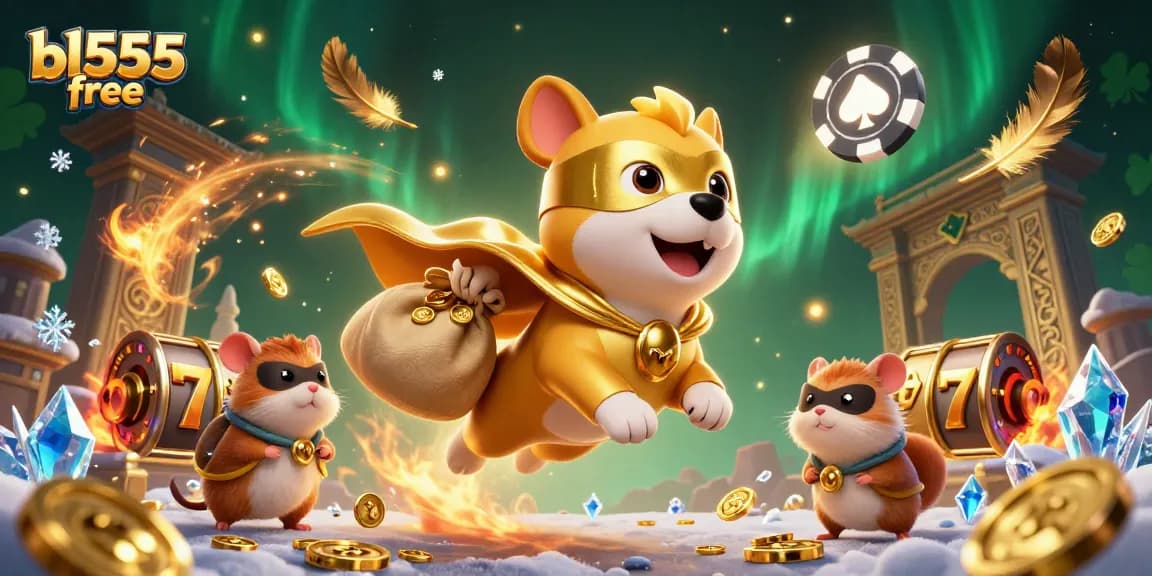 Experience thrilling gameplay at bl555 free with a cartoon superhero dog carrying gold coins in a vibrant casino.