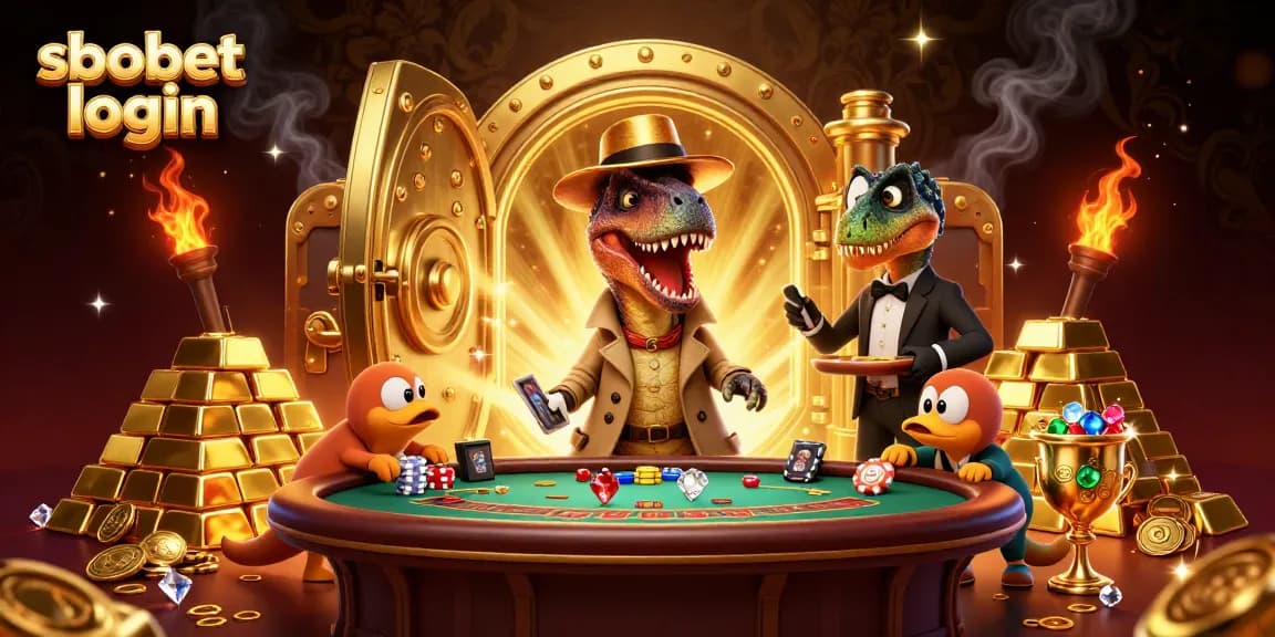 Experience sbobet login with a vibrant 3D illustration featuring a cartoon velociraptor trying to win at blackjack.