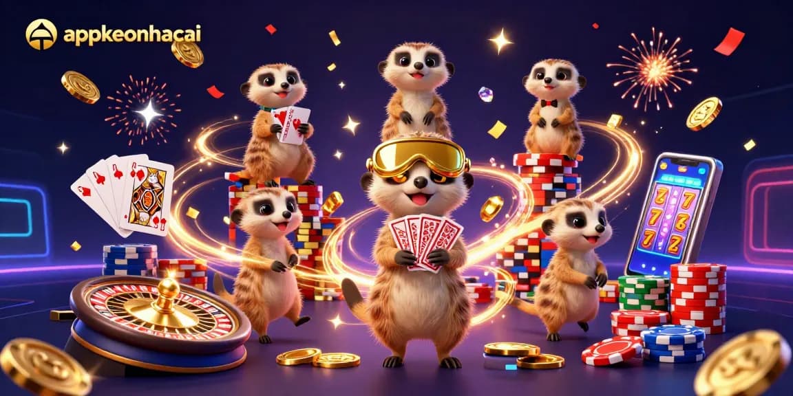 Experience thrilling gameplay at appkeonhacai with meerkats managing a vibrant casino scene.