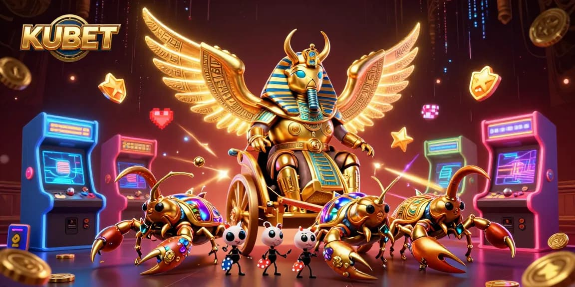 KUBET showcases an exhilarating gaming scene with a golden scarab beetle and vibrant arcade elements.