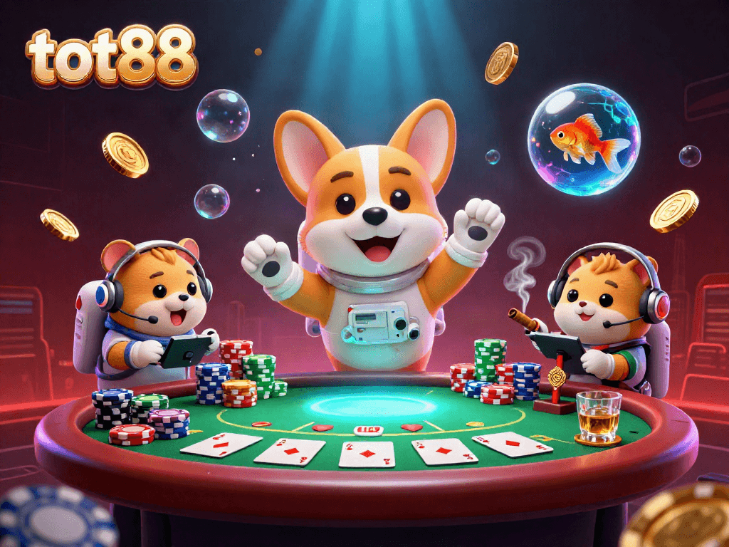Experience thrilling action at tot88 in this 3D illustration of a floating casino with unique characters.
