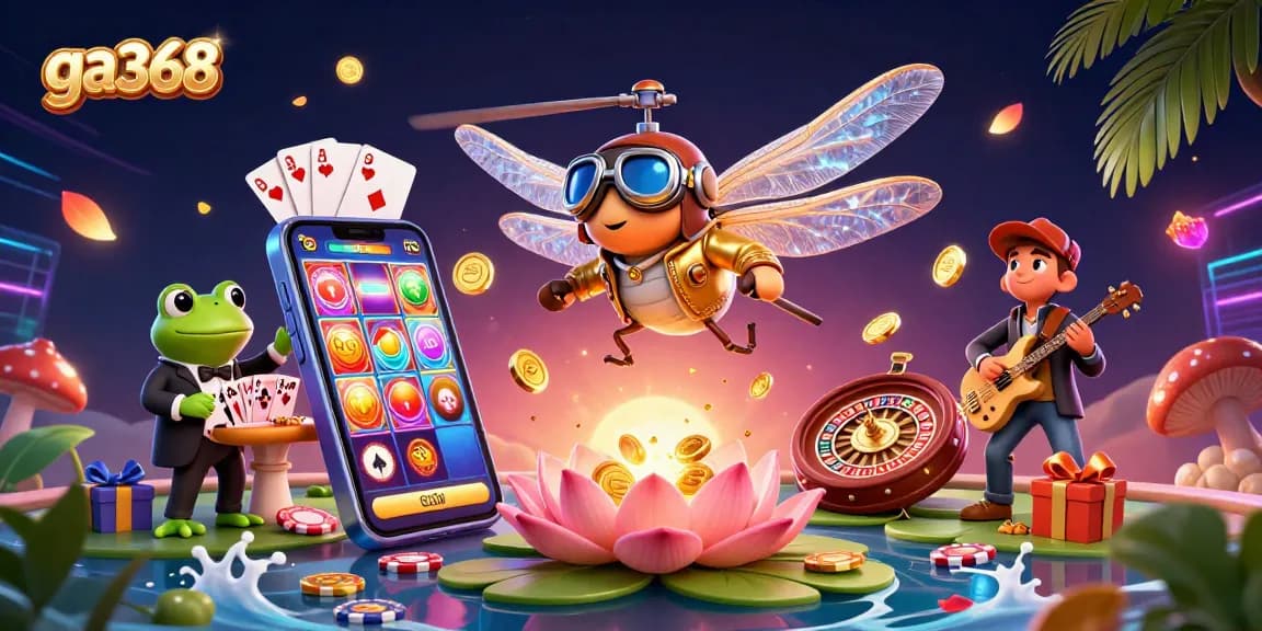 Engage with the ga368 casino experience featuring dynamic gambling scenes, a dragonfly pilot, and animated gaming action.