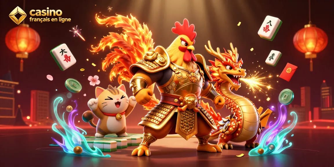 Des personnages emblématiques du casino français en ligne entourés d'éléments de jeu lumineux et dynamiques.