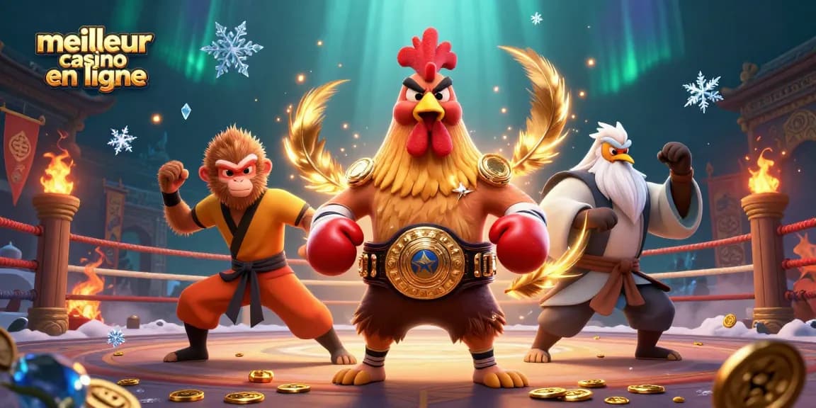 Plongez dans le meilleur casino en ligne avec un combat animé d'un coq Muay Thai et un singe Shaolin.