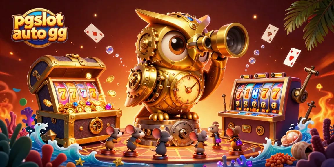 Engage in thrilling gameplay with pgslot auto gg as a golden owl and mice explore a vibrant casino.