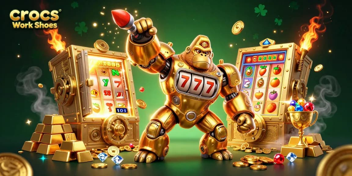 Crocs Work Shoes-themed 3D illustration showcasing a golden gorilla mech surrounded by dynamic casino elements.