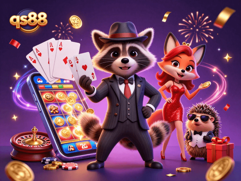 Experience the excitement at qs88 with raccoon dealer, fox companion, and vibrant casino elements.